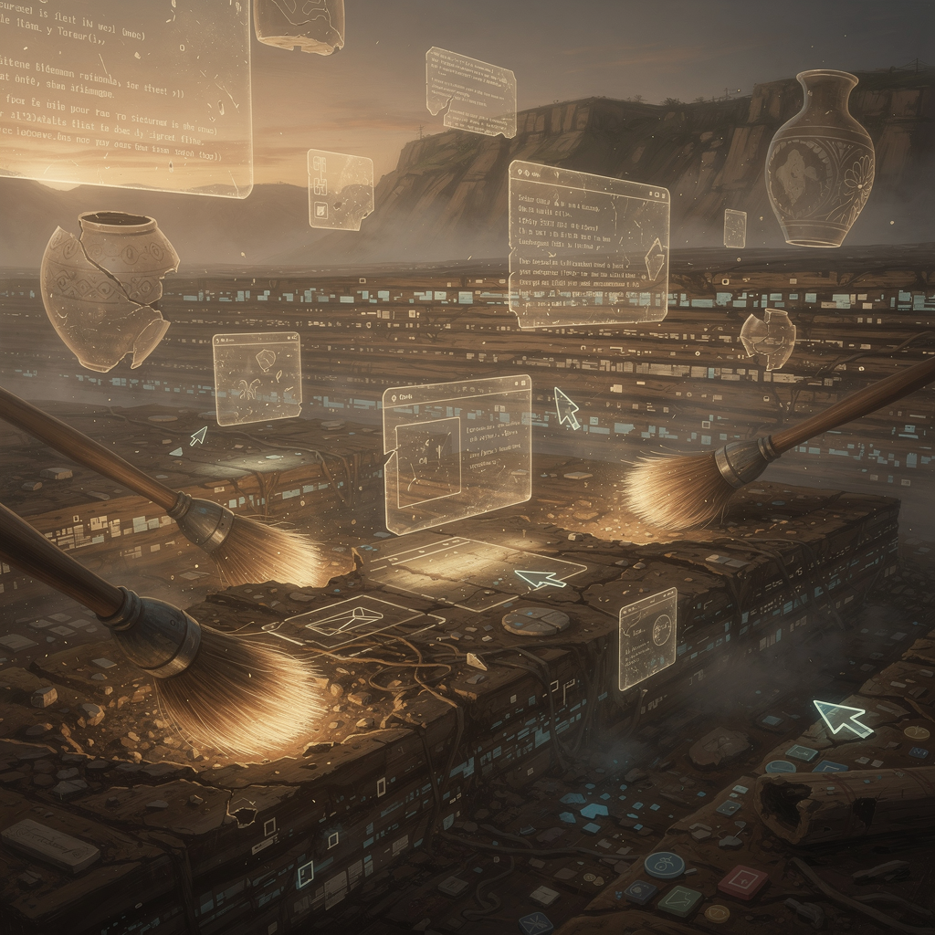 Exploring how our digital interactions create persistent traces and metadata that form archaeological layers for future digital excavators to discover.