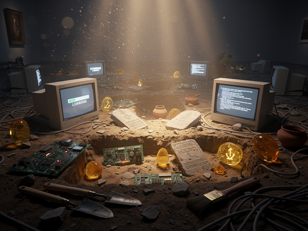 Exploring how digital environments preserve the fossilized remains of human patience and anticipation in loading screens, chat rooms, and virtual worlds.